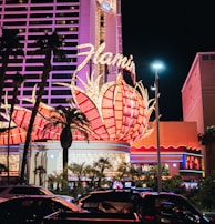 A brightly lit casino with neon lights in vibrant red, pink, and blue, featuring a large flamingo signage. Palm trees are visible in the foreground with vehicles passing by on the street at night.
